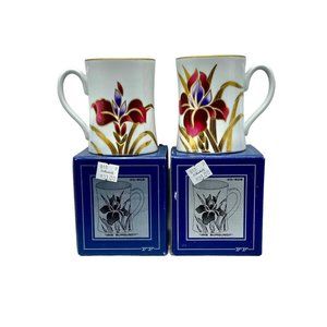 Fitz & Floyd "Iris Burgundy" FF247 Japan Fine Porcelain Set of 4- 8 oz. mugs
